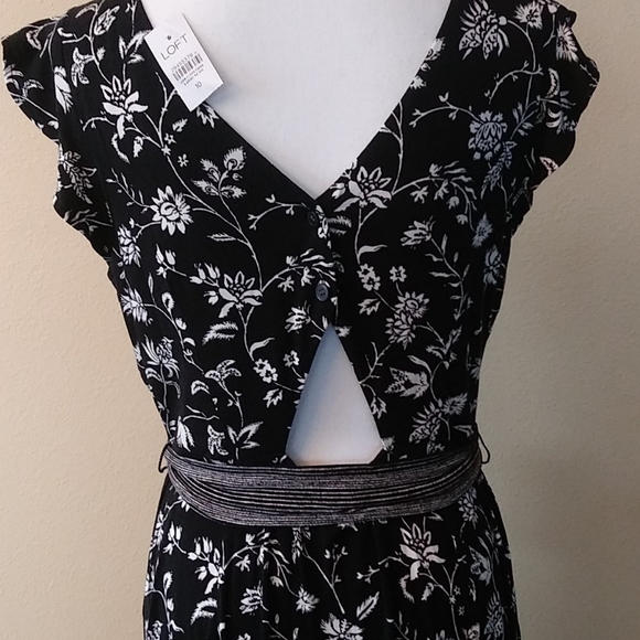 LOFT Rainforest Cutout Button Back Midi Dress, Floral Black and White. - Picture 10 of 15